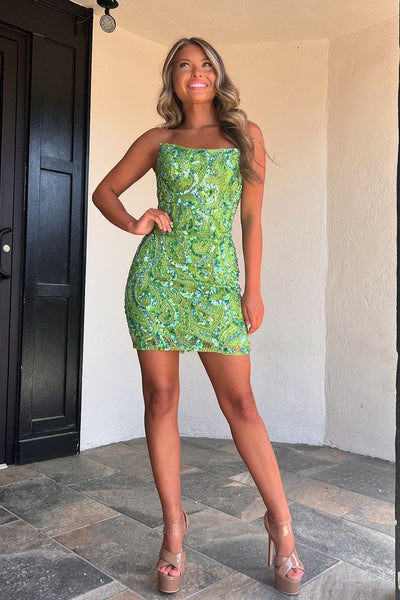 Unqiue Bodycon Strapless Sage Green Sequins Short Homecoming Dresses DM4070901