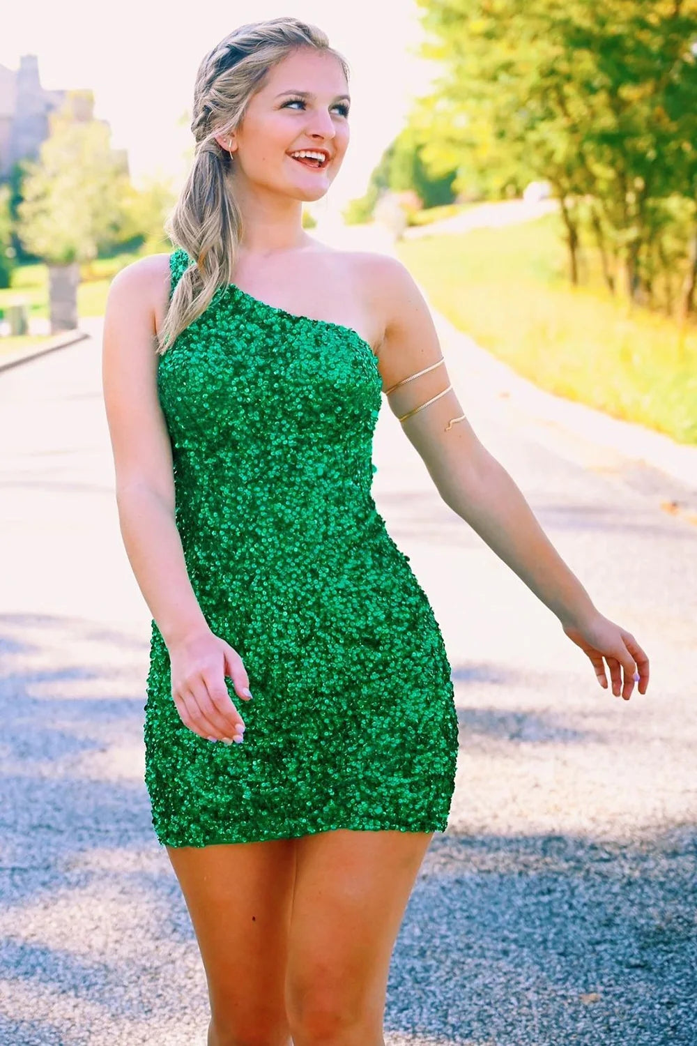 Green Sequins One Shoulder Tight Homecoming Dress LD3062106