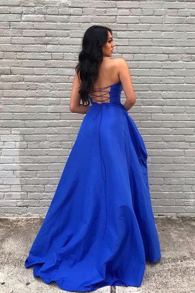 Fashion A Line Sweetheart Satin Long Prom Dresses with Slit DM241019003