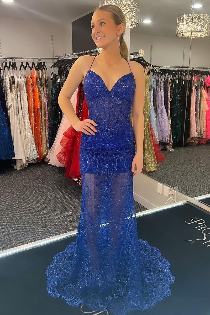 Sparkly Royal Blue Sequins Lace V Neck Mermaid Long Prom Dress MD4031303