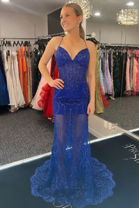 Sparkly Royal Blue Sequins Lace V Neck Mermaid Long Prom Dress MD4031303