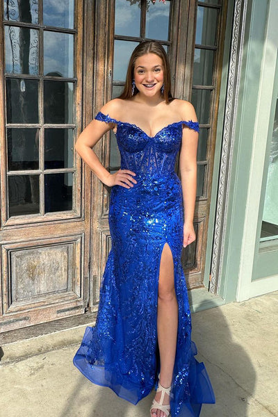 Royal Blue Sequin Lace Off the Shoulder Long Prom Dresses with Slit MD112206