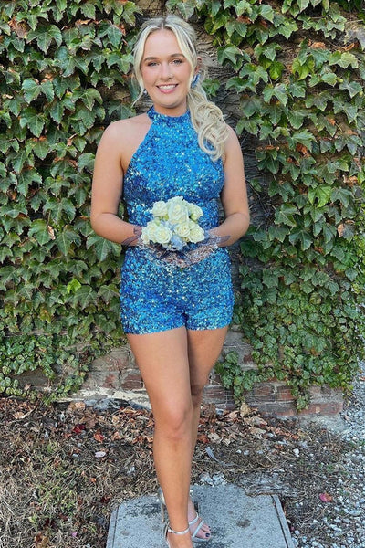 Gorgeous Halter Lake Blue Sequins Jumpsuit for Homecoming Party DM24071104