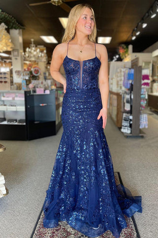 Mermaid Scoop Neck Navy Blue Sequins Appliques Long Prom Dress MD4021903