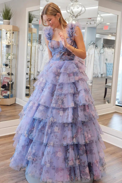 Periwinkle Print Flutter Sleeve Ruffle Tiered Long Prom Dress MD122905