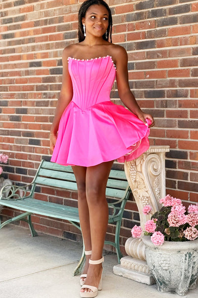 A Line Strapless Hot Pink Satin Homecoming Dress with Beading DM12072006