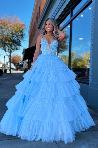 Light Blue V Neck Ruffle Tiered Tulle Long Prom Dresses with Appliques MD4022703