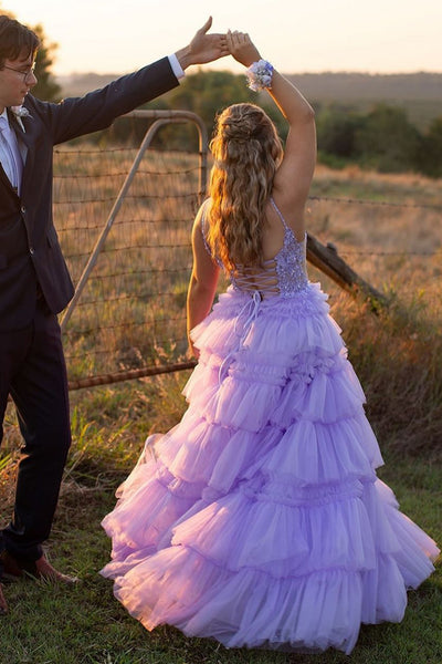 Cute Fairy V Neck Light Purple Tiered Tulle Prom Dresses with Appliques VL24102902