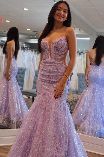 Lilac Sequins Lace Sweetheart Mermaid Long Prom Dresses MD4022805