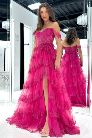 Charming Off the Shoulder Fuchsia Sequins Ruffle Tiered Long Prom Dresses Formal Gown with Side Slit DM25101608