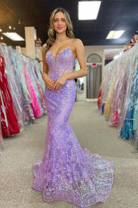 Charming V Neck Lilac Sequins Appliques Mermaid Long Prom Dress MD4032702
