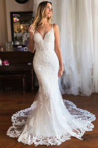 Charming Mermaid V Neck Lace Long Wedding Dresses with Appliques DM24100502