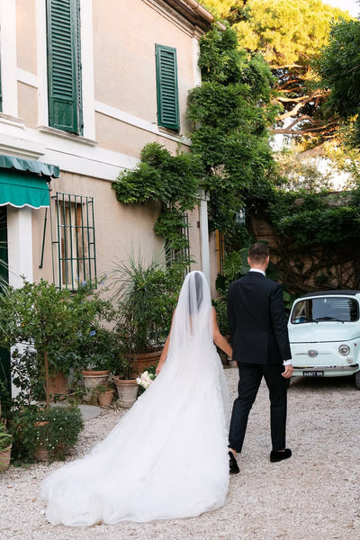 Charming A-Line Deep V Neck White Tulle Wedding Dresses with Train DM25102203