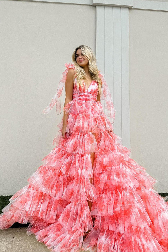 Cute Ball Gown V Neck Floral Printed Tiered Coral Tulle Long Prom Dress with Slit MD4051301 Dressmeet Cute Ball Gown V Neck Floral Printed Tiered Coral Tulle Long Prom Dress with Slit MD4051301 Dressmeet