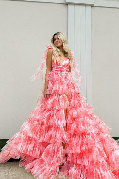 Cute Ball Gown V Neck Floral Printed Tiered Coral Tulle Long Prom Dress with Slit MD4051301