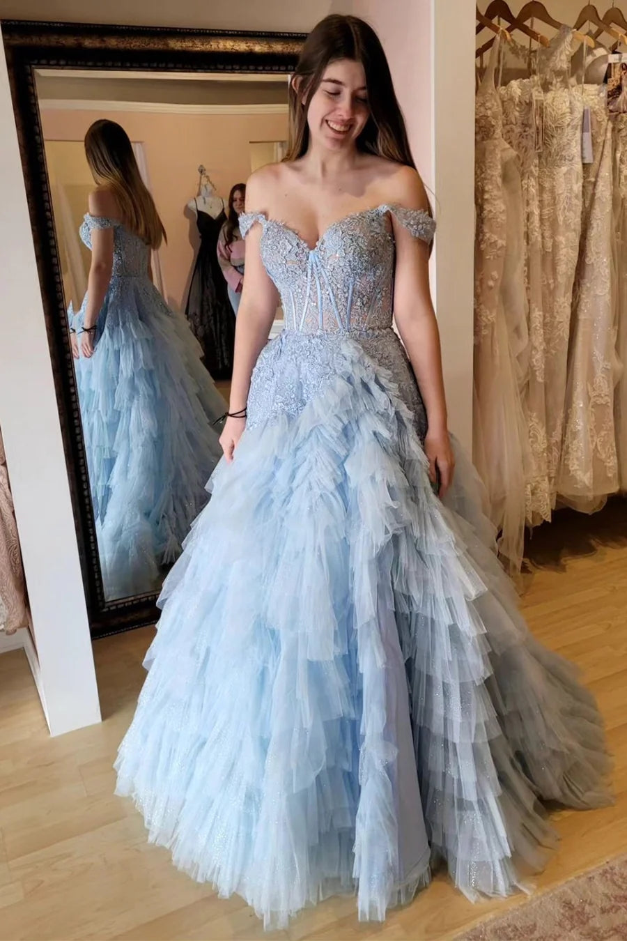 A-Line Off the Shoulder Light Blue Tiered Tulle Long Prom Dresses MD120802