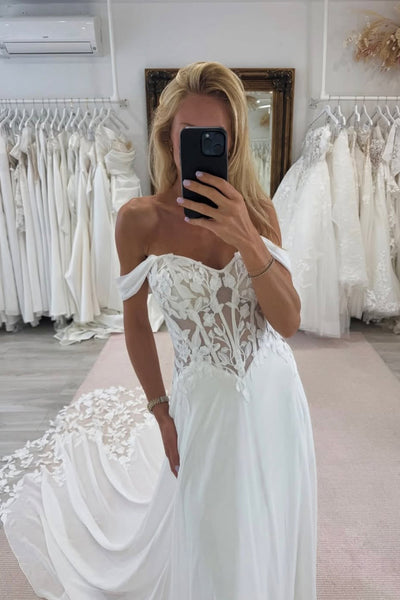 A Line Off the Shoulder Chiffon Wedding Dress with Appliques DM26011308