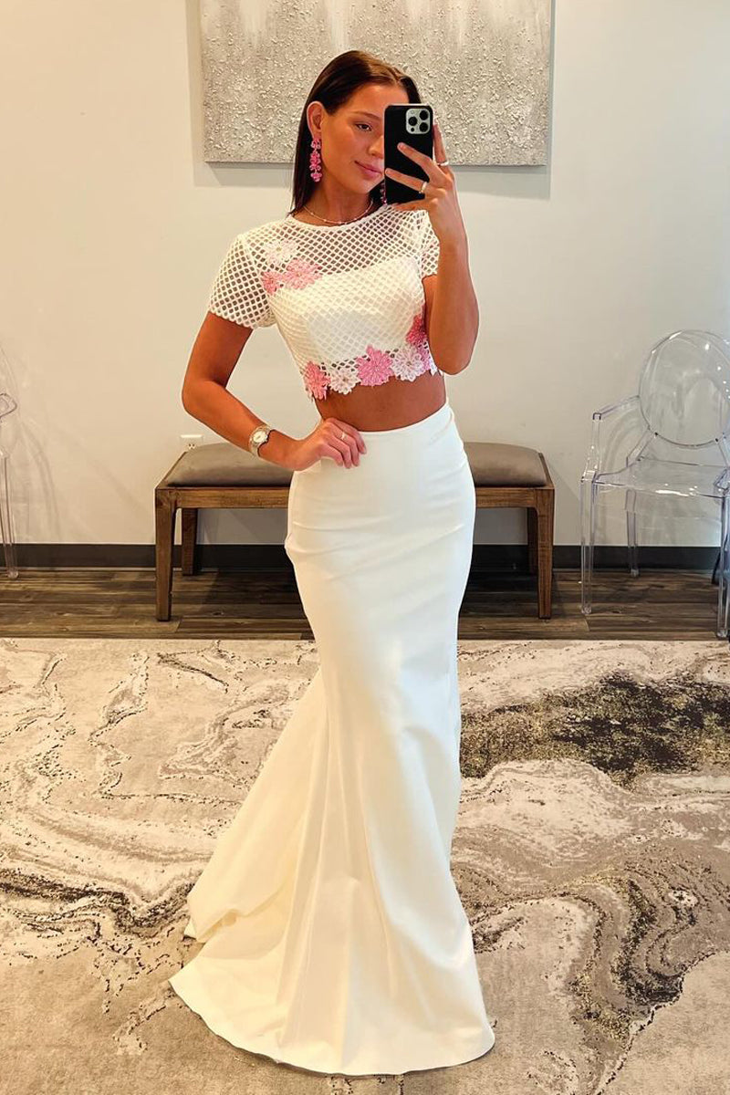 White Two Piece Short Sleeves Lace Long Prom Dress MD4032605