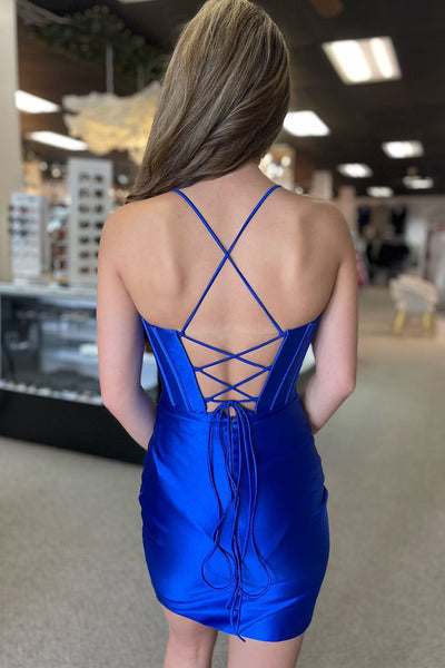 Bodycon Sweetheart Royal Blue Satin Short Homecoming Dresses with Slit DM24071012