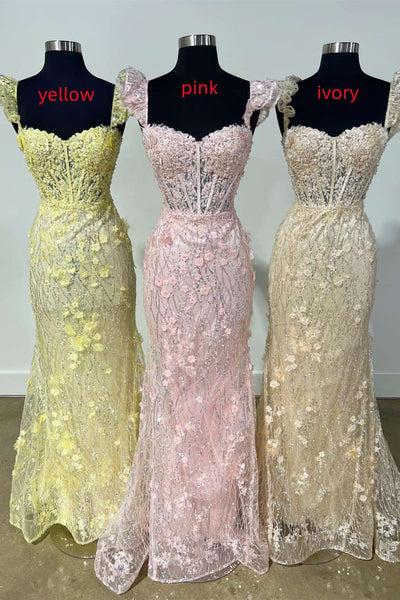 Yellow Sweetheart Sequins Lace Long Prom Dresses MD4012002