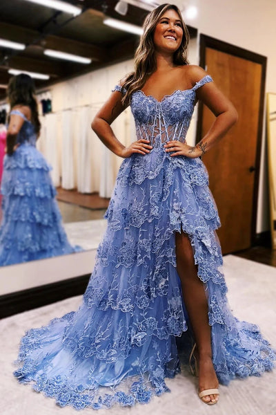 Periwinkle Tulle Appliques Off-the-Shoulder Ruffle Long Prom Dress MD122502