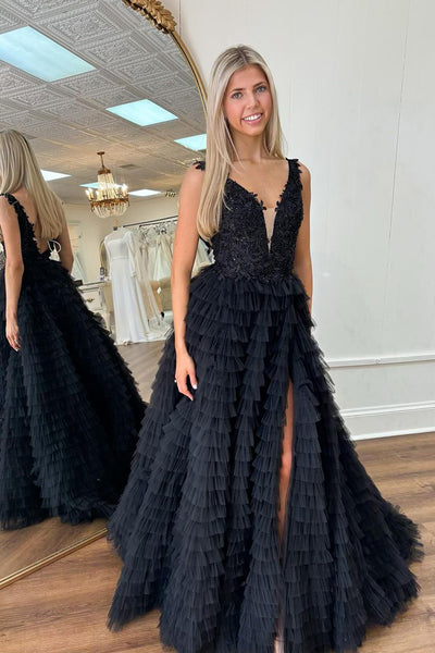 A-Line V Neck Ruffle Tiered Tulle Long Prom Dress with Slit MD4040502