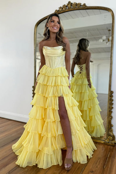 A-Line Scoop Neck Light Blue Tiered Long Prom Dress with Beadings DM260105
