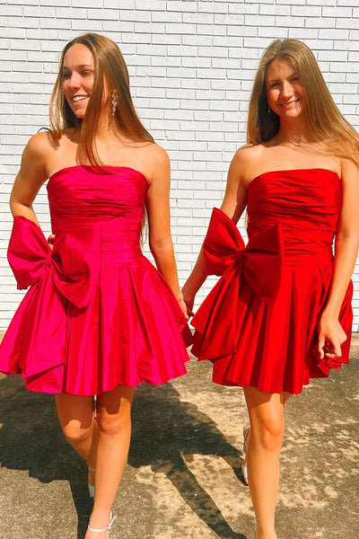 Red Strapless Satin Short A-Line Homecoming Dresses with Bownot DM24082405