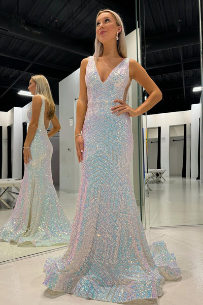 White V Neck Sequins Mermaid Long Prom Dress MD4031904