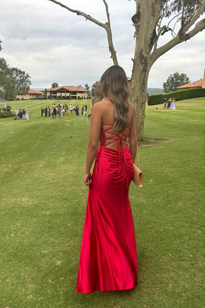 Cute Mermaid Cowl Neck Red Slit Prom Dresses DM120602