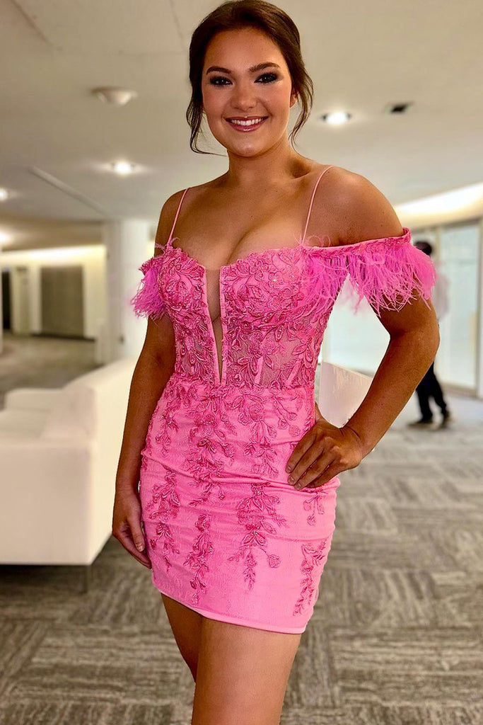 Cute Bodycon Off the Shoulder Hot Pink Tulle Short Homecoming Dress with Appliques MD083006 – Dressmeet