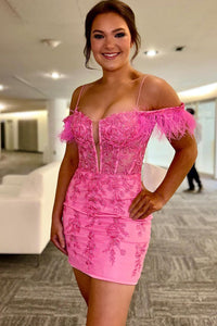 Cute Bodycon Off the Shoulder Hot Pink Tulle Short Homecoming Dress with Appliques MD083006
