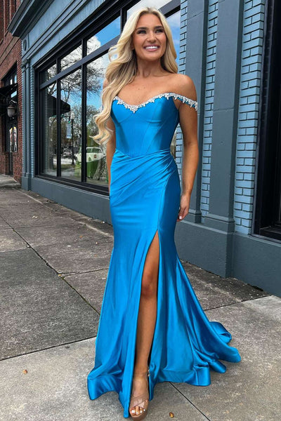 Blue Satin Off the Shoulder Mermaid Beaded Long Prom Dress MD113007