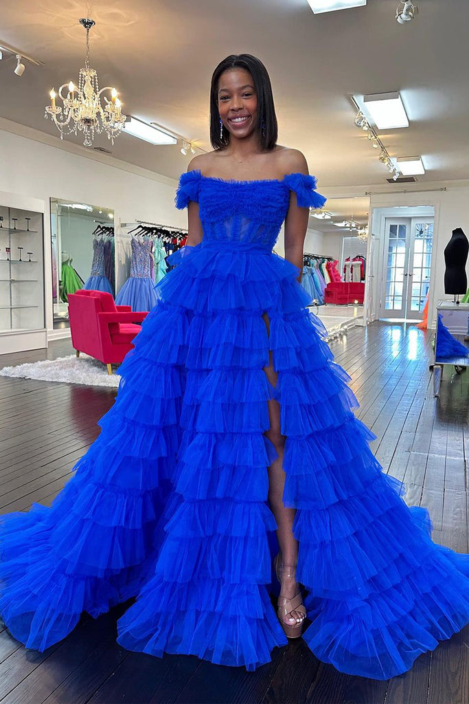 Royal Blue Off the Shoulder Ruffle Tiered Tulle Long Prom Dresses MD4013101 Dressmeet Royal Blue Off the Shoulder Ruffle Tiered Tulle Long Prom Dresses MD4013101 Dressmeet