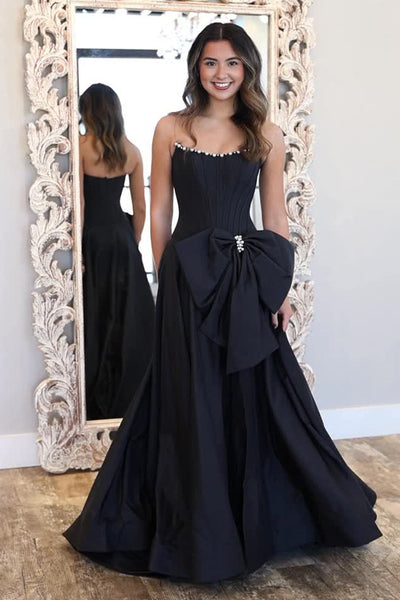 Cute A Line Scoop Neck Black Satin Prom Dress with Bow DM52121510