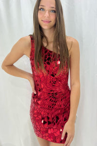 Cute Sparkly Bodycon One Shoulder Red Beaded Short Homecoming Dress MD090704