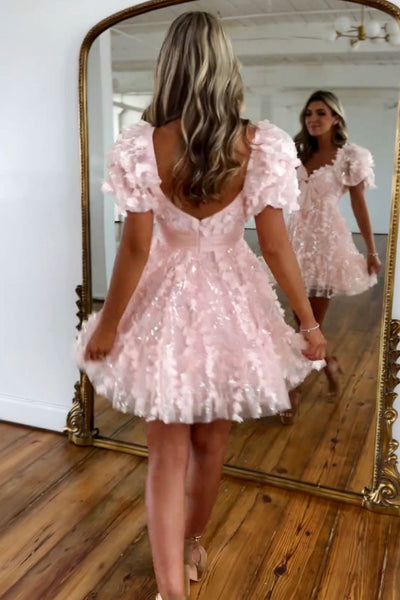 Light Pink Short Sleeves Lace A-Line Short Homecoming Dresses DM24080701