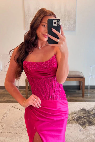 Mermaid Scoop Neck Fuchsia Satin Mermaid Slit Prom Dress DM2511001