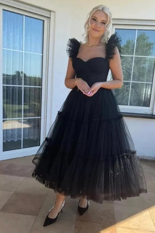 Black Tulle Ruffles Tea Length Formal Prom Party Dress MD100406