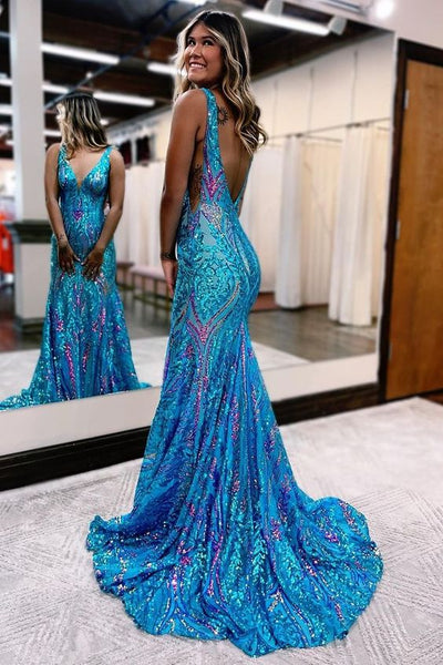 Blue Sequin Lace V Neck Mermaid Long Prom Dresses MD100303