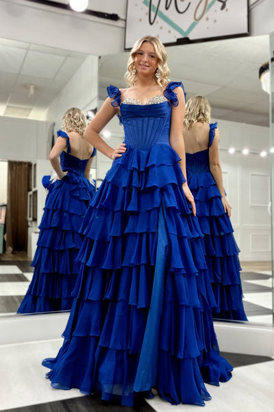 Cute A-Line Sweetheart Royal Blue Chiffon Long Tiered Prom Dresses DM16021003