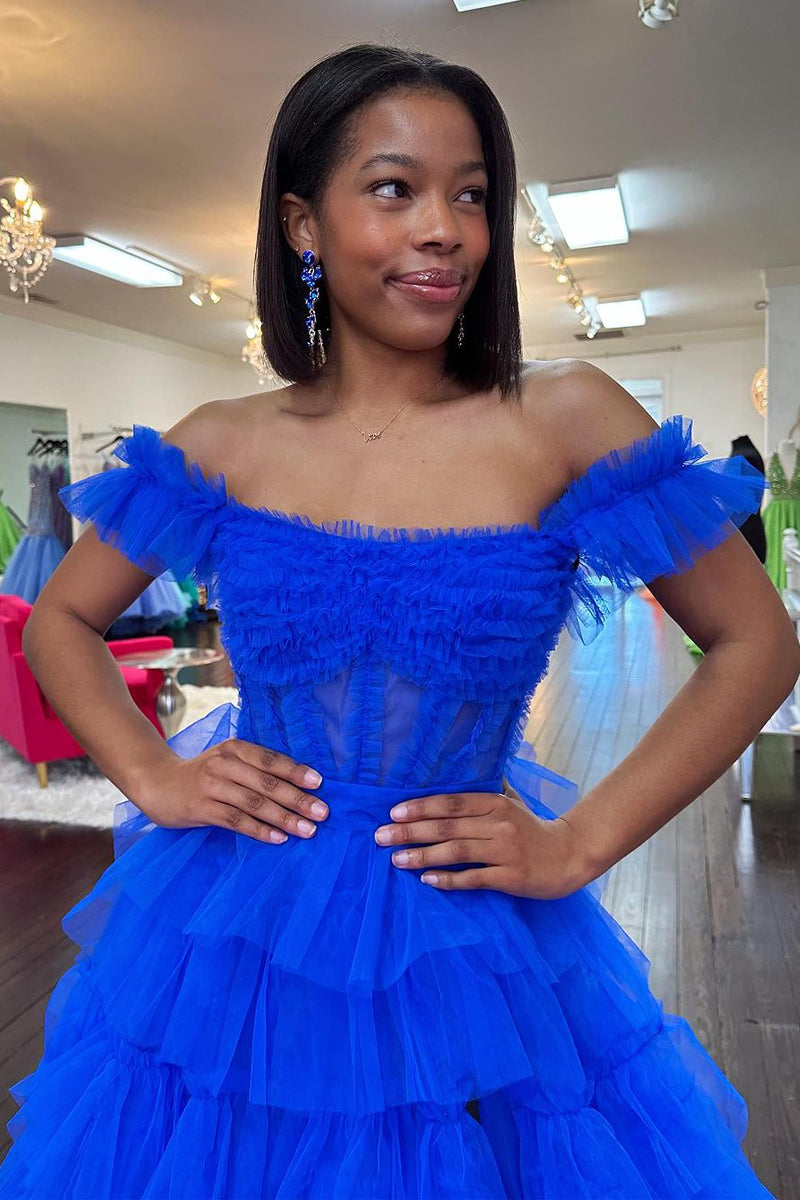 Royal Blue Off the Shoulder Ruffle Tiered Tulle Long Prom Dresses MD4013101   Dressmeet