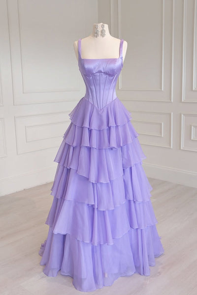 Cute A Line Square Neck Lavender Chiffon Tiered Prom Dress DM26011301