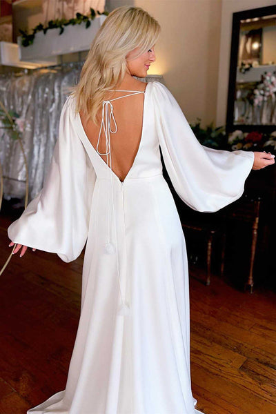 White V-Neck Long Sleeve Backless Long Wedding Dress with Slit MD120303
