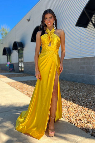 Charming Mermaid Cross Neck Yellow Satin Long Prom Dresses with Slit MD24092907