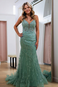 Unique Mermaid V Neck Sage Green Tulle Lace Corset Long Prom Dresses DM25101610
