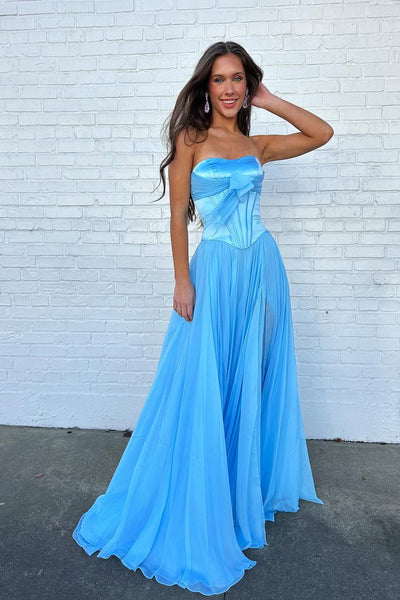 A Line Strapless Blue Chiffon Prom Dress with Bow DM1111408