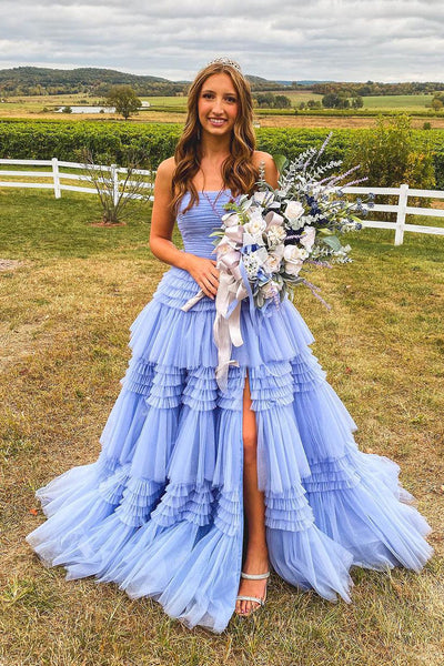 Lavender Strapless Ruffle Tiered Long Prom Dress MD122305