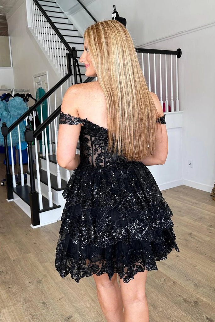 Sparkly Black Corset Tiered Lace A-Line Short Homecoming Dress MD082907 Dressmeet Sparkly Black Corset Tiered Lace A-Line Short Homecoming Dress MD082907 Dressmeet