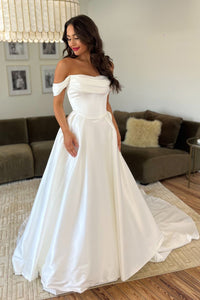 Simple Off the Shoulder Soft Satin Wedding Dresses MD4062308